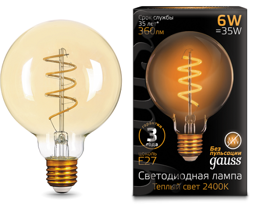 Лампа светодиодная филаментная Ретро Gauss Filament LED G95 220В 6Вт E27 Golden 2400К Flexible фото Лампа светодиодная филаментная Ретро Gauss Filament LED G95 220В 6Вт E27 Golden 2400К Flexible картинка